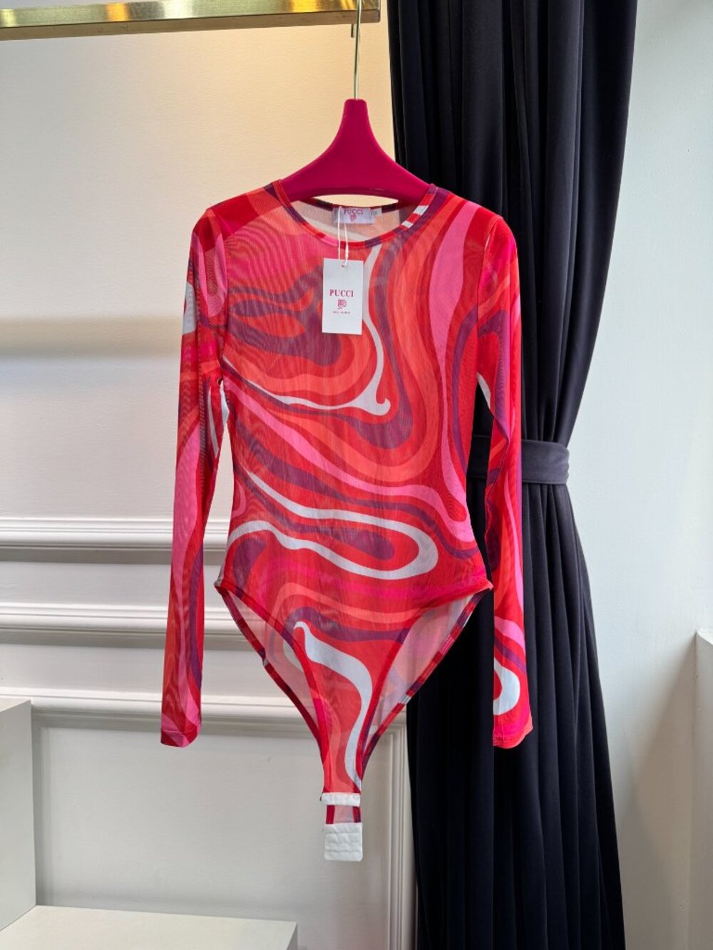 💖Pucci Pink Red Swirl Print Mesh Long Sleeve Bodysuit Sheer Slim Fit Designer T - Picture 5 of 7